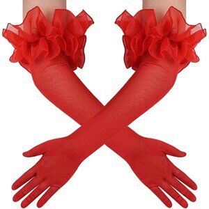 Women's Long Red Ruffle Puff Cuff Sleeve Mesh Gloves Wedding Party Costume